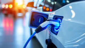 Electric car charging at station with plugged power cable infrastructure for ev vehicle in city
