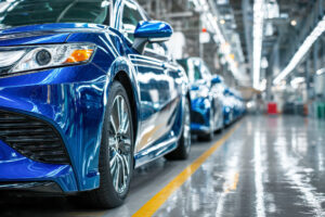 Row of shiny new blue sedans lined up in a spacious, brightly lit modern automobile manufacturing facility with polished floors and industrial equipment in view