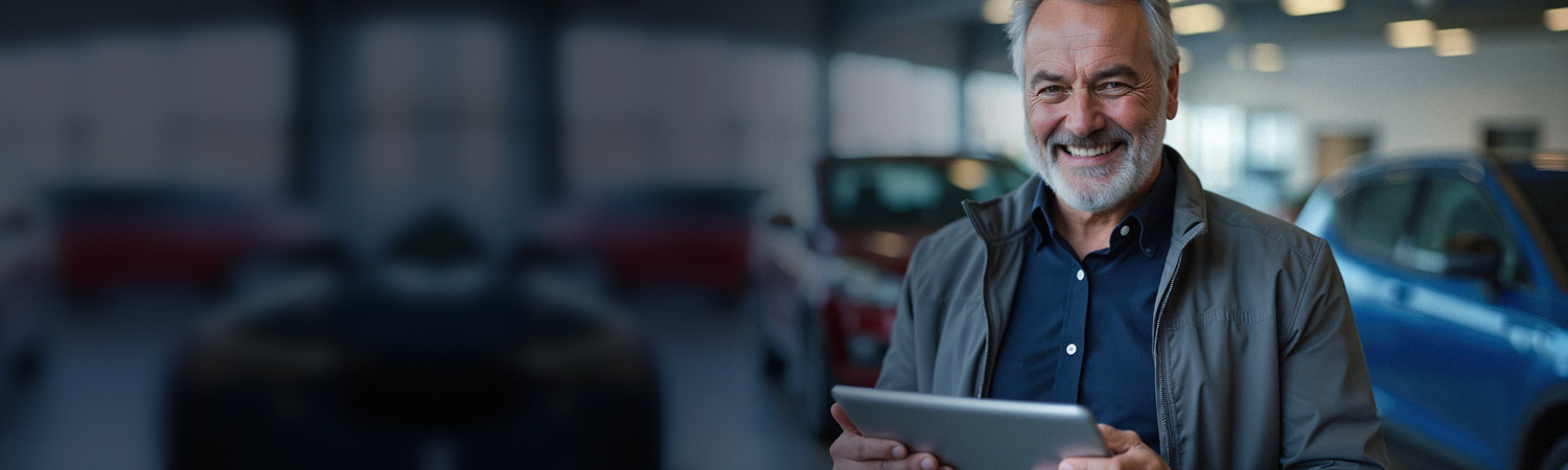 smiling older man with tablet stands in auto showroom, looking at camera. he wears a jacket and blue shirt, examining vehicle details on his device.