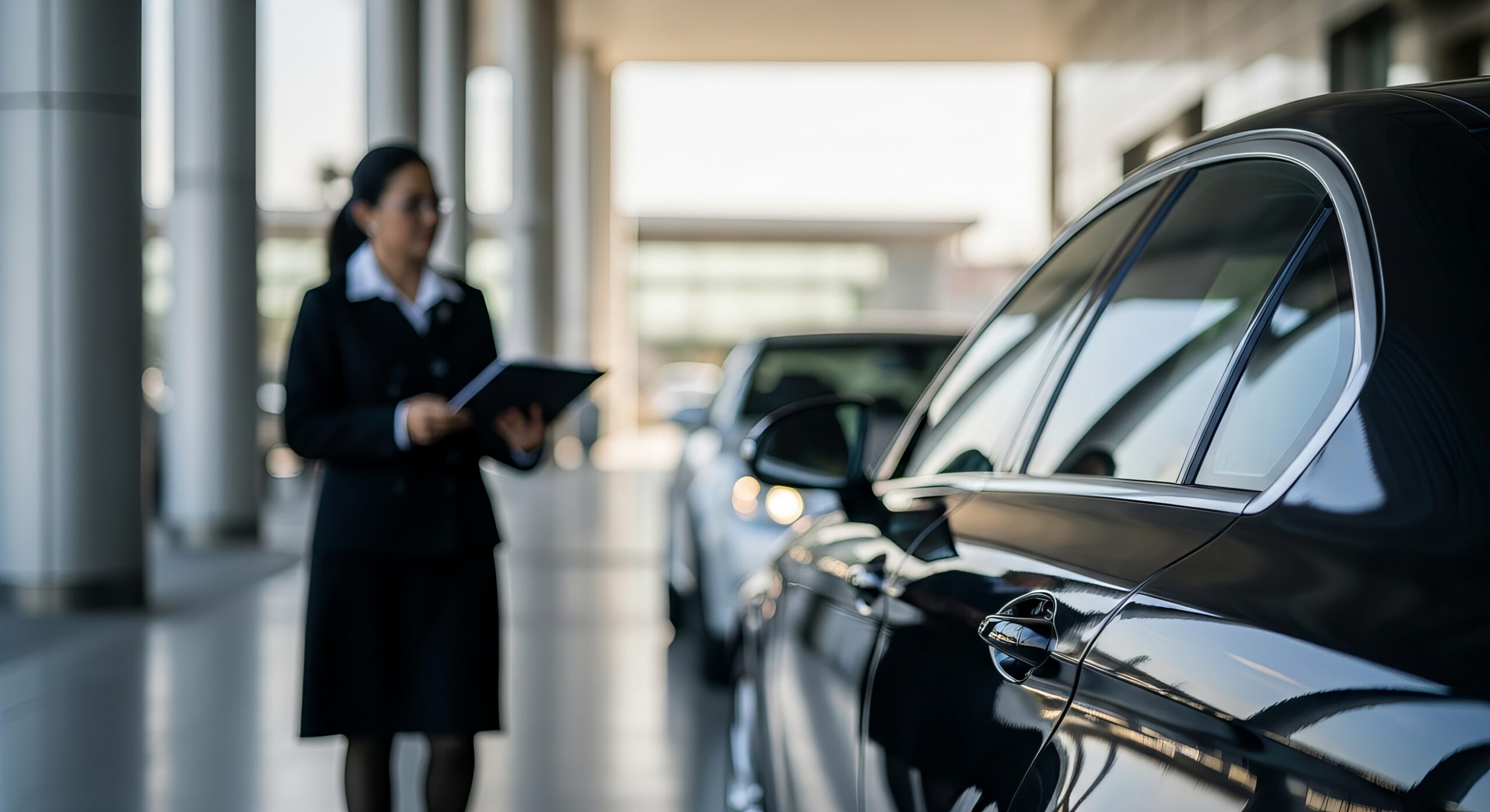 luxury black car with chauffeur waiting outside airport terminal during daylight hours