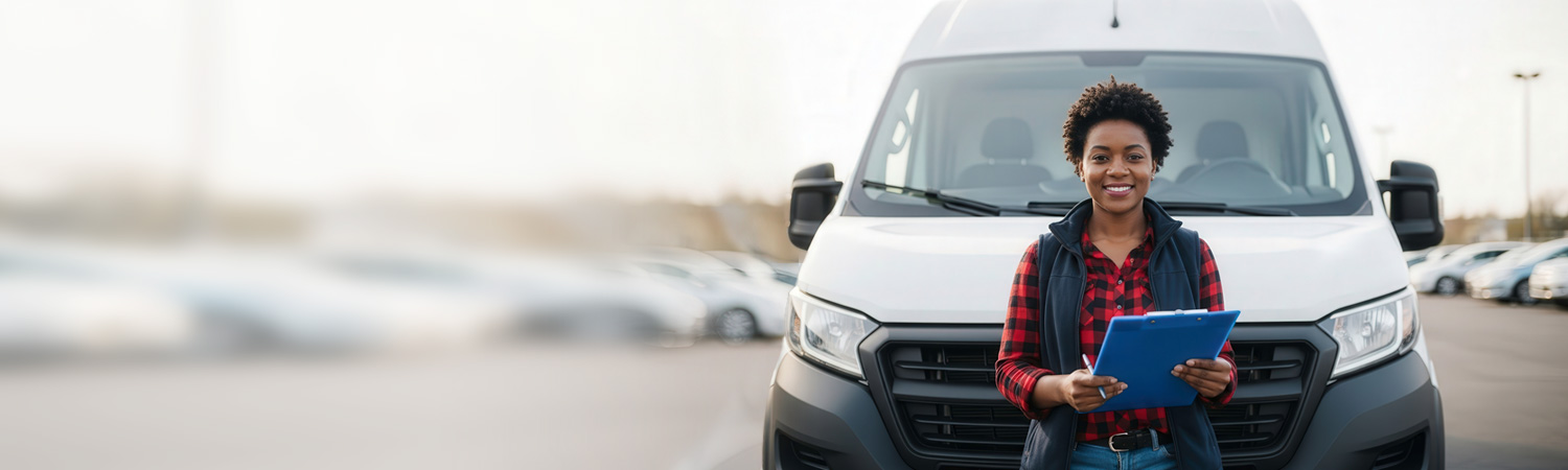 delivery driver with clipboard in front of a van