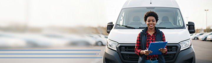 delivery driver with clipboard in front of a van